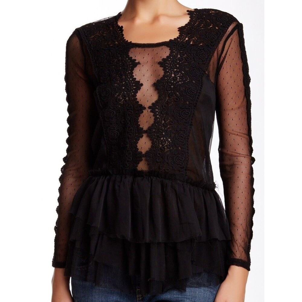 Free People XS Black Ruffles Sheer Lace Top Whimsigoth  Gothcore Dark Romance